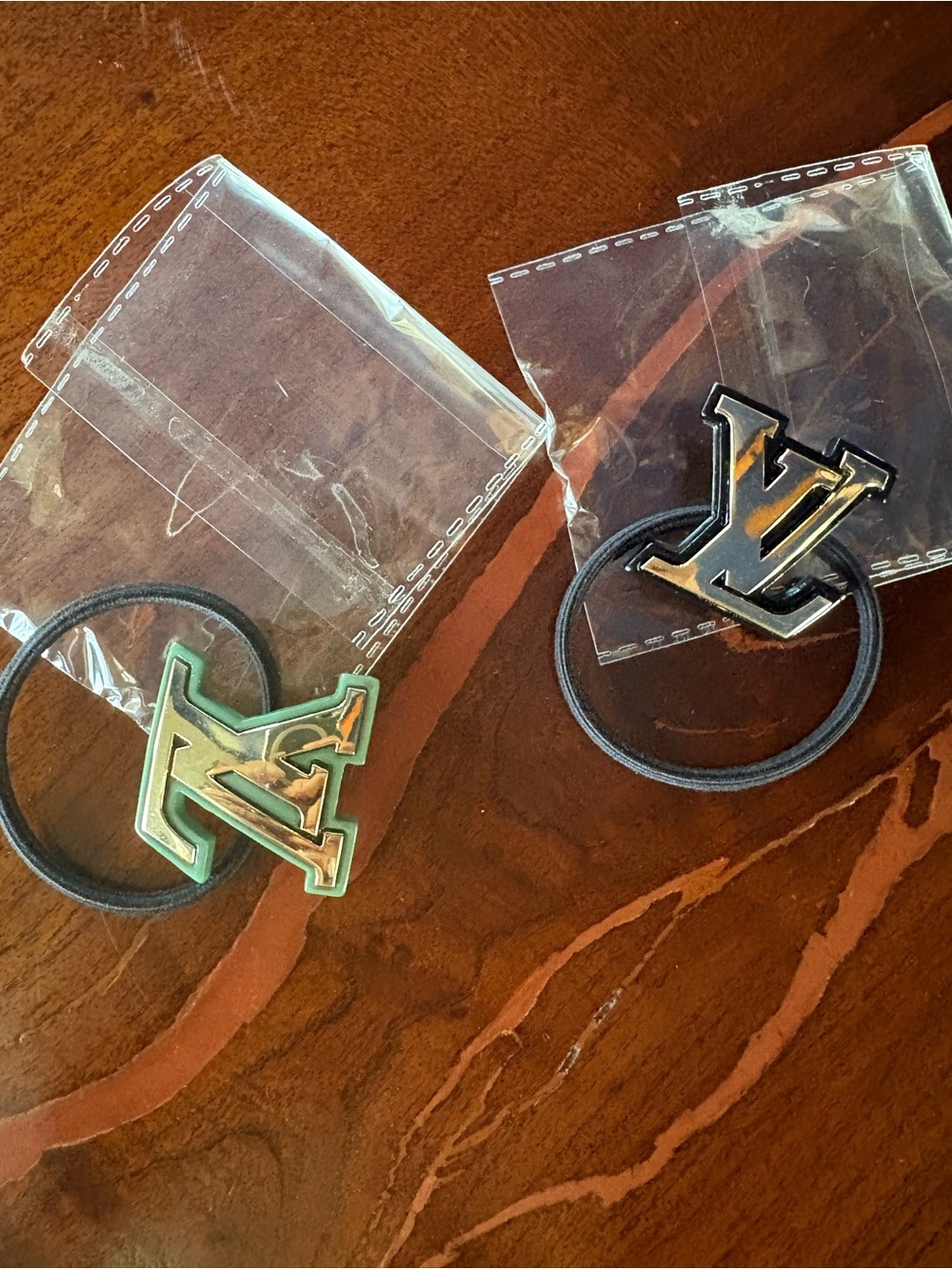 LV Logo Hair Tie Pair in Gold and Iridescent Green
